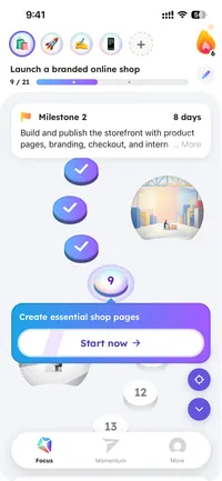 Daily Focus shows completed steps and the next task for launching an online shop.