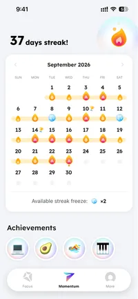A 37-day streak with a progress calendar and achievement badges in Planex.